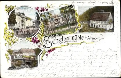 Ak Altenberg im Erzgebirge, Schellermühle, Brücke, Straßenpartie