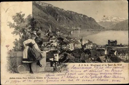 Ak Montreux Kanton Waadt Schweiz, Panorama, Dent du Midi, Mädchen in Tracht