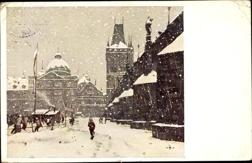 Künstler Ak Praha Prag Tschechien, Karlsbrücke, Wintermotiv