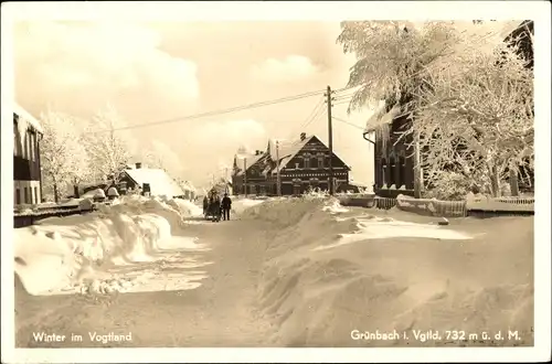 Ak Grünbach im Vogtland, Ort im Winter