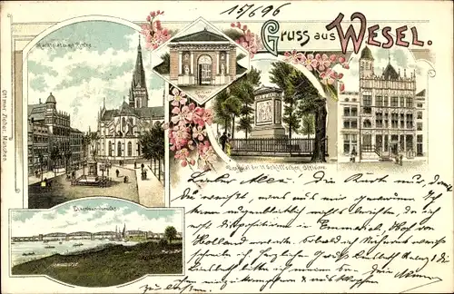 Litho Wesel am Niederrhein, Marktplatz, Kirche, Eisenbahnbrücke, Denkmal