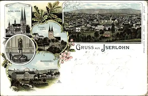 Litho Iserlohn, Katholische Kirche, Evangelische Kirche, Alexanderhöhe, Siegesdenkmal, Panorama