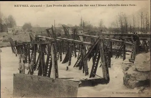 Ak Rethel Ardennes, Kriegszerstörung I. WK, Eisenbahnbrücke