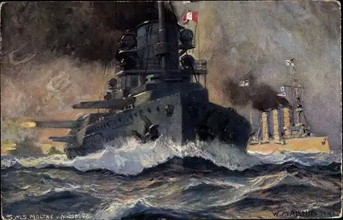 Künstler Ak Malchin, W., Deutsche Kriegsschiffe, SMS Moltke und Augsburg, Schlachtkreuzer
