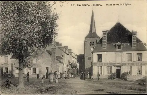 Ak Berry Herry Cher, Place et rue de l'Eglise, Hotel du Cerf