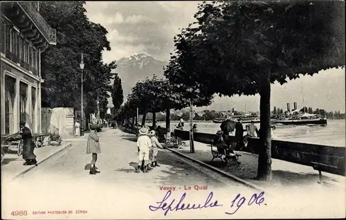 Ak Vevey Kanton Waadt, Quai, Promenade, Dampfschiff