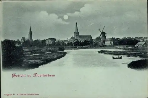 Mondschein Ak Doetinchem Gelderland, Fluss, Kirche, Windmühle