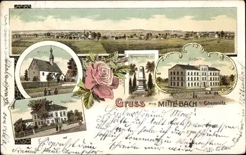 Litho Mittelbach Chemnitz in Sachsen, Kirche, Schule, Pfarrhaus, Gesamtansicht