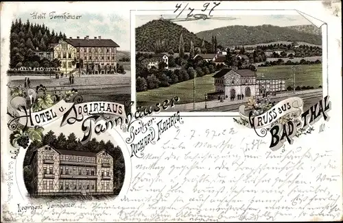 Litho Thal Ruhla im Wartburgkreis Thüringen, Logierhaus Tannhäuser, Bahnhof, Gleisseite