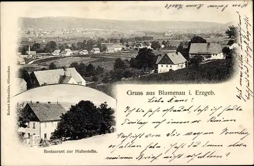 Ak Blumenau Olbernhau im Erzgebirge Sachsen, Panorama, Restaurant zur Haltestelle