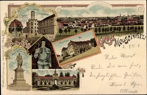 Litho Meuselwitz im Kreis Altenburger Land, Bergmann, Kaiser Wilhelm Denkmal, Rathaus, Schloss