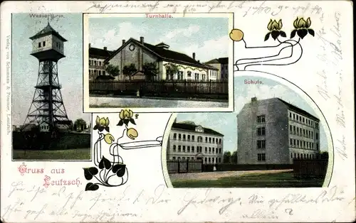 Ak Leutzsch Leipzig in Sachsen, Wasserturm, Turnhalle, Schule
