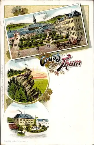 Litho Thum im Erzgebirge Sachsen, Schulplatz, Bastei, Rathaus