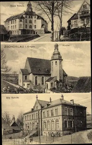 Ak Zschorlau Erzgebirge, Neue und Alte Schule, Kirche