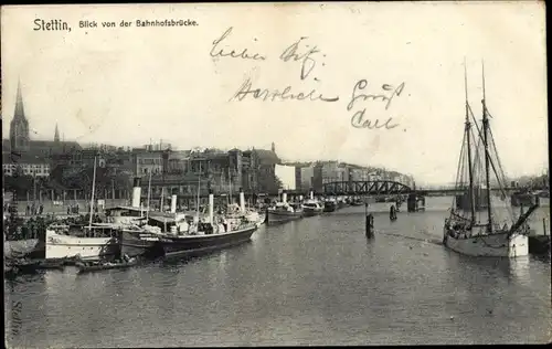 Ak Szczecin Stettin Pommern, Blick von der Bahnhofsbrücke, Dampfer