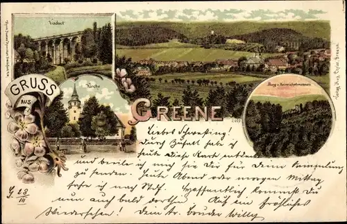 Litho Greene Einbeck in Niedersachsen, Viadukt, Burg vom Heinrichsbrunnen aus, Kirche