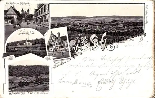 Litho Bad Gandersheim in Niedersachsen, Panorama, Marktplatz, Stiftskirche, Ludolphsbad, Abtei