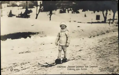 Ak Erbprinz Johann Leopold von Sachsen, Coburg und Gotha beim Skifahren, Kinderportrait