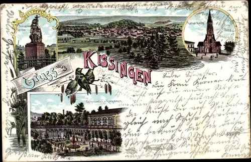 Litho Bad Kissingen Unterfranken Bayern, Kolonnaden, Kurgarten, Kirche, Panorama, Denkmal