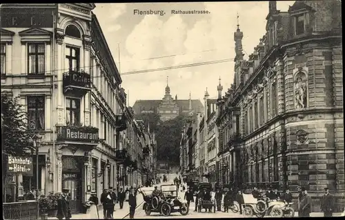 Ak Flensburg, Rathausstraße, Restaurant, Bahnhofs-Hotel, Autos