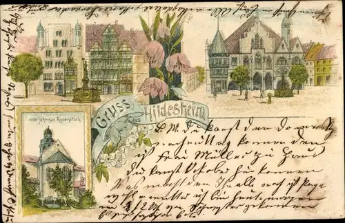 Litho Hildesheim in Niedersachsen, Rathaus, Rosenstock, Wedekindhaus, Tempelherrenhaus