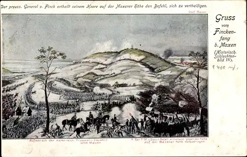 Litho Maxen Müglitztal in Sachsen, Berg Finckenfang, Historisches Schlachtenbild