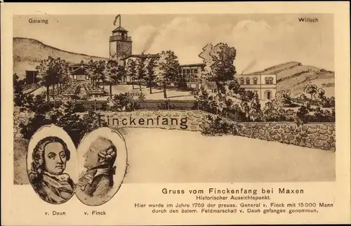 Ak Maxen Müglitztal in Sachsen, Berg Finckenfang, Geising, Wilisch, General v. Daun, v. Finck