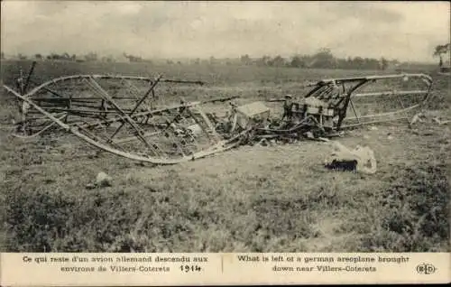Ak Villers-Cotterêts Aisne, zerstörtes deutsches Flugzeug