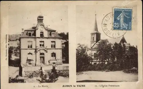 Ak Audun le Tiche Deutschoth Mosel, Rathaus, Evangelische Kirche