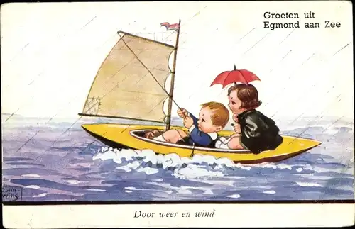 Künstler Ak Wills, John, Egmond aan Zee Nordholland, Stürmischer Tag, Kinder im Segelboot, Regen