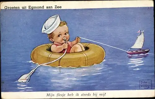 Künstler Ak Wills, John, Egmond aan Zee Nordholland, Junge im Schwimmring, Trinkflasche