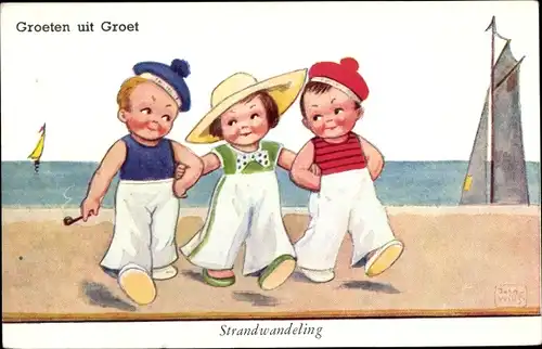 Künstler Ak Wills, John, Groet Nordholland, Mädchen mit zwei Matrosen am Strand