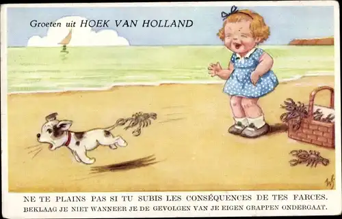 Künstler Ak Scheuermann, Willi, Hoek van Holland, Mädchen am Strand, Hummer zwickt Hund