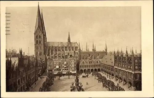 Ak Hansestadt Lübeck, Marktplatz, Rathaus, Marienkirche