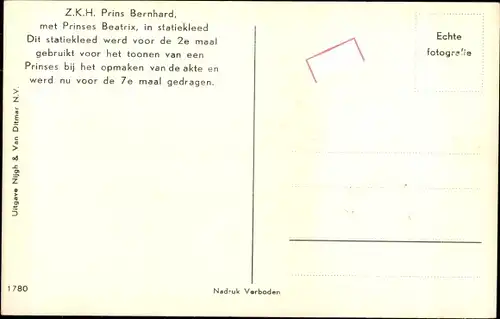 Ak Prinz Bernhard der Niederlande, Prinzessin Beatrix im Staatskleid