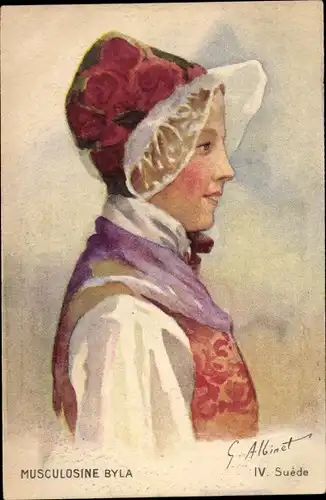 Künstler Ak Albinet, G., Musculosine Byla, IV. Suède, Schweden, Frau in Volkstracht