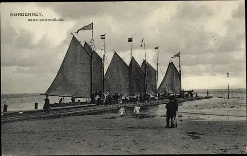 Ak Nordseebad Norderney, Segelbootbrücke