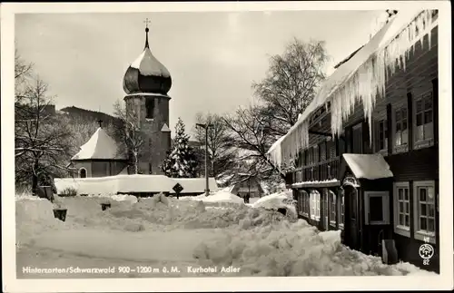 Ak Hinterzarten im Schwarzwald, Kurhotel Adler, Kirche, Winter