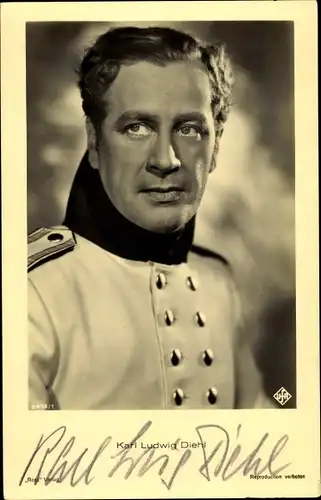 Ak Schauspieler Karl Ludwig Diehl, Portrait in Uniform, Ufa Film, Ross Verlag 9414 1, Autogramm