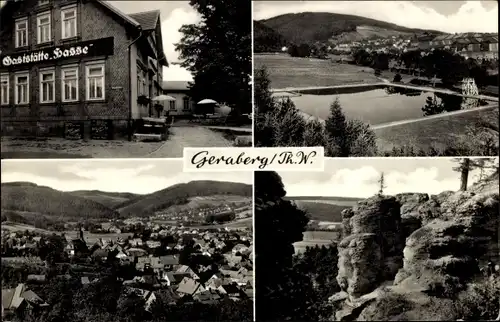 Ak Geraberg in Thüringen, Gaststätte Hasse, Panorama, Freibad, Felsen