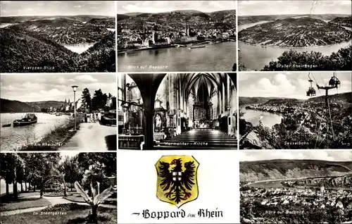 Ak Boppard am Rhein, Panorama, Sesselbahn, Stadtgarten, Kirche, Wappen