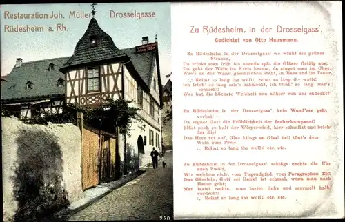 Ak Rüdesheim am Rhein, Restauration Joh. Müller, Drosselgasse, Gedicht Otto Hausmann