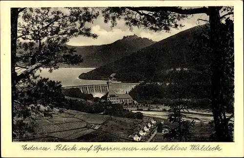 Ak Waldeck am Edersee Hessen, Waldecker Talsperre, Sperrmauer, Schloss Waldeck