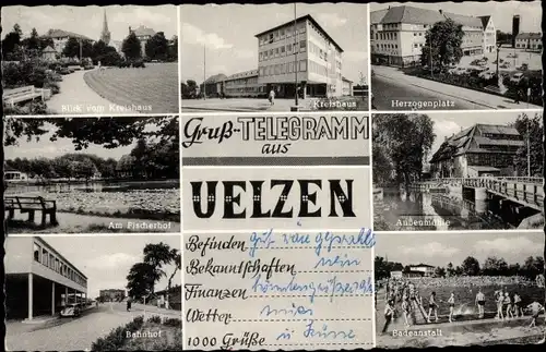 Ak Uelzen Niedersachsen, Herzogenplatz, Badeanstalt, Bahnhof, am Fischerhof, Kreishaus