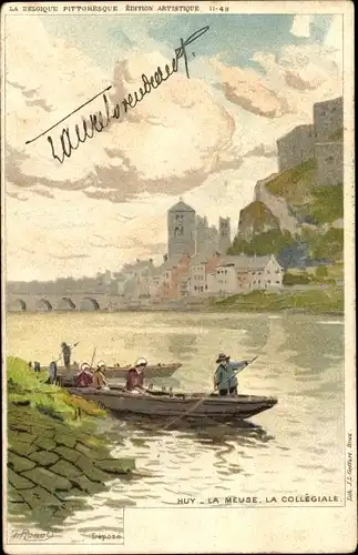 Künstler Litho Ranot, F., Huy Wallonien Lüttich, Le Meuse, La Collegiale