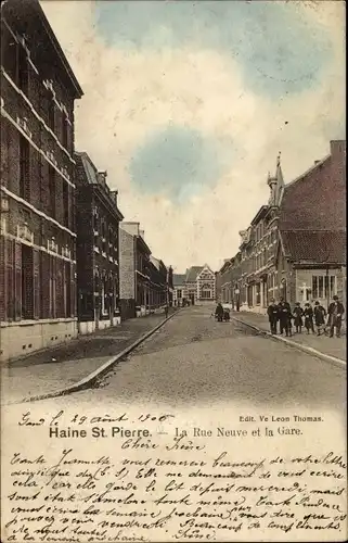 Ak Haine Saint Pierre La Louvière Wallonien Hennegau, La Rue Neuve und der Bahnhof