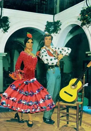 Stoff Ak Tanzpaar in spanischer Volkstracht, Gitarre