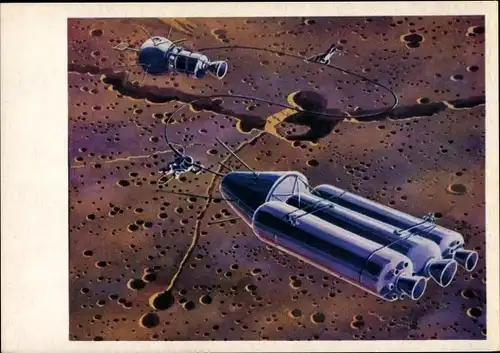 Künstler Ak Sokolov, A., Raumschiffe über dem Mond, Sowjetunion