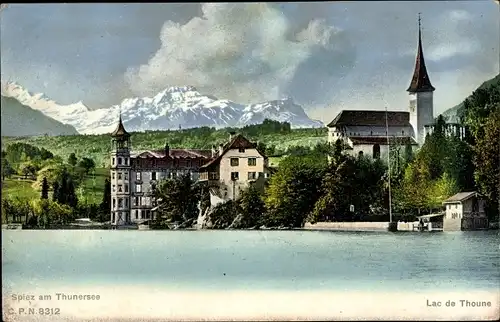 Ak Spiez am Thuner See Kanton Bern, Teilansicht, Schlosskirche