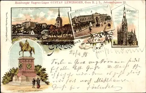 Litho Gera in Thüringen, Johanniskirche, Kaiser-Wilhelm-Denkmal, Schloss Osterstein, Bahnhof